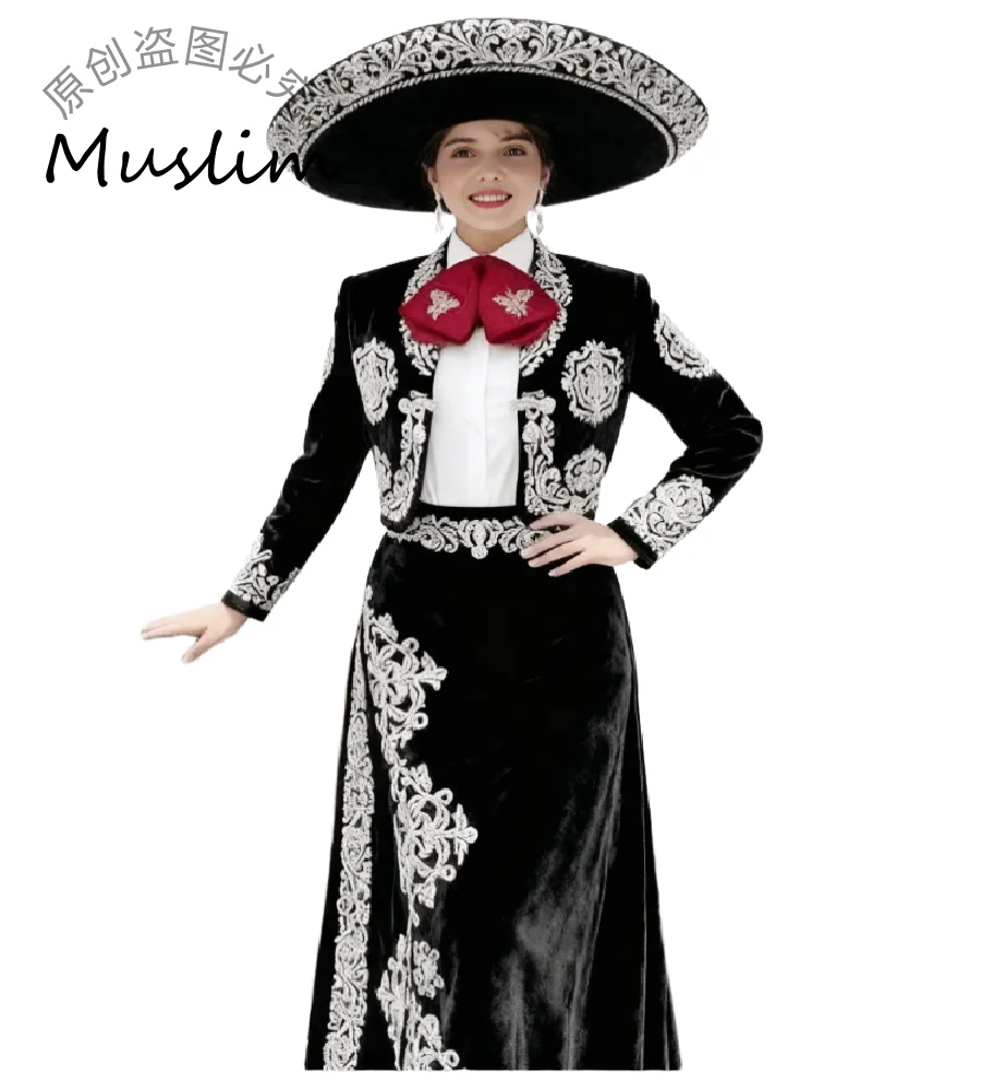 فستان سهرة أسود تقليدي من Charro المكسيكي 2026 قطعتين أديليتا زي للحفلات الراقصة دانتيل عتيق مناسبة رسمية