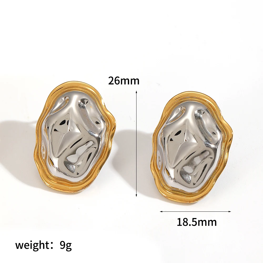 빈티지 타원형 불규칙 해머드 스터드 귀걸이 스테인리스 스틸 18K 금도금 패션 쥬얼리 여성용 귀 액세서리