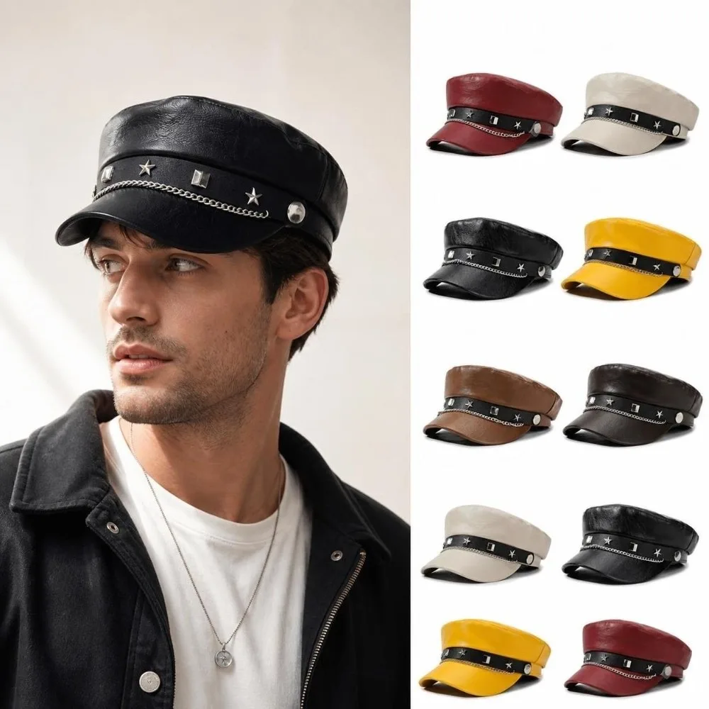 Vintage PU Leather Newsboy Hat Solid Color Metal Chain Decor Baker Boy Cap Casual Star Strap Flat Top Cap Daily Wear