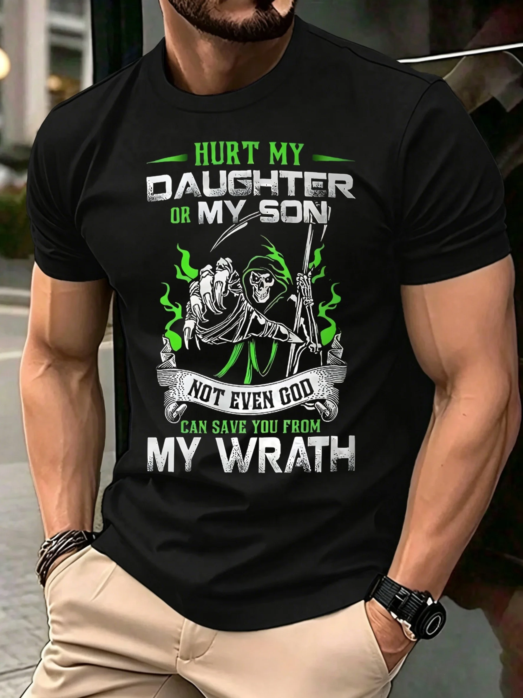 Black Background Hardcore Street Style Men's Trendy Short-Sleeve T-Shirt with Cracked Metallic Text, Green Flame, Skull, and Death Guard Statement, Loose Fit, Drop Shoulder, All-Season Casual Wear T-Shirt