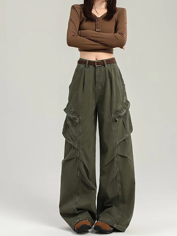 

Высококачественные джинсы в стиле милитари с несколькими карманами, женские свободные драпированные прямые брюки, повседневные широкие брюки, осенняя коллекция