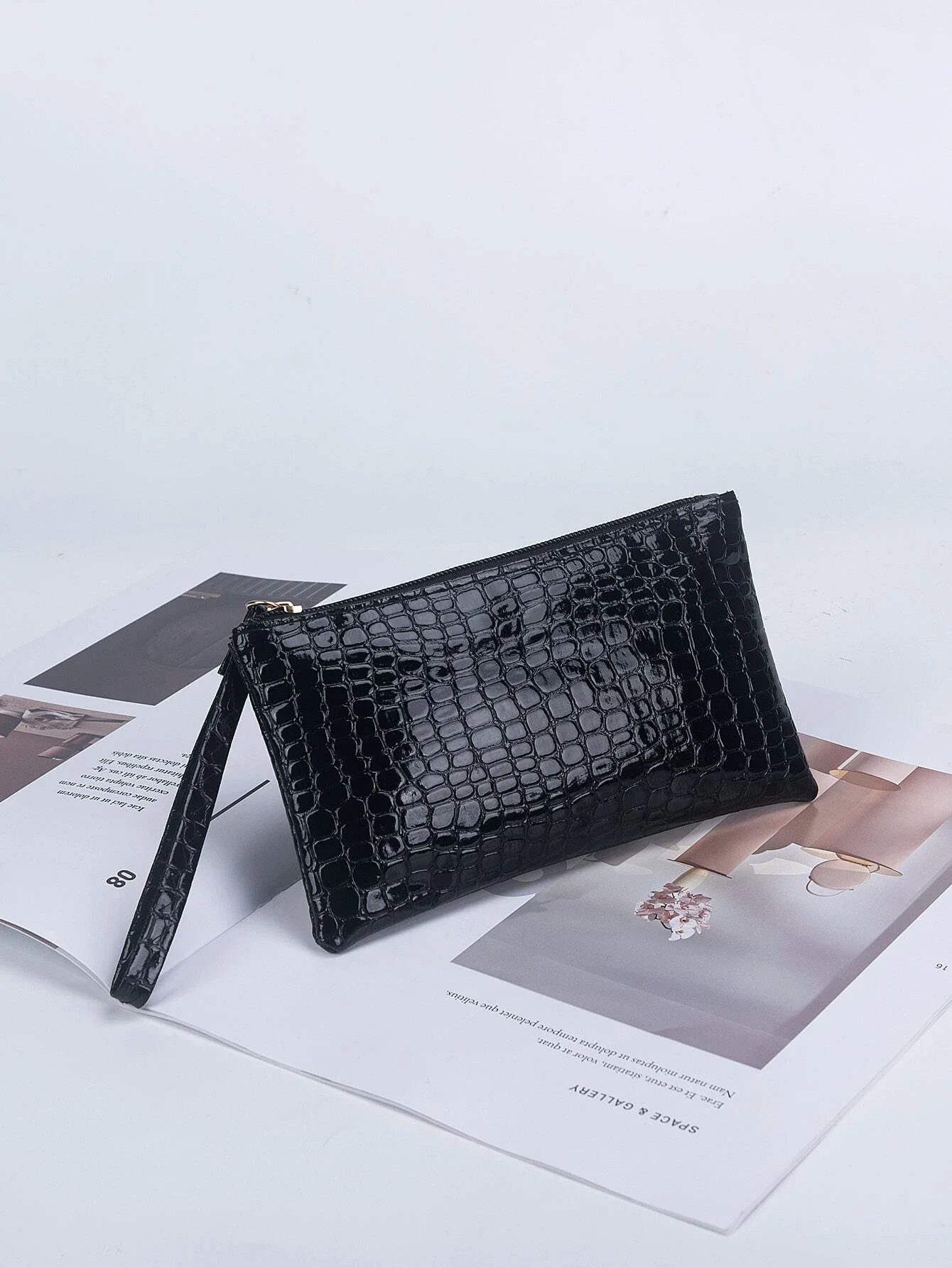 

Crocodile Embossed Long Wallet With Wristlet Simple Crocodile Pattern Coin Purse Solid Color Clutch Wallet Portable Multifunctio
