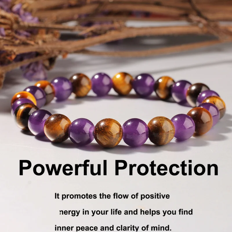 

【Mirrordust】Tiger Eye Stone Amethyst Natural Stone Bracelet Unisex Handmade Beaded Bracelet Luck