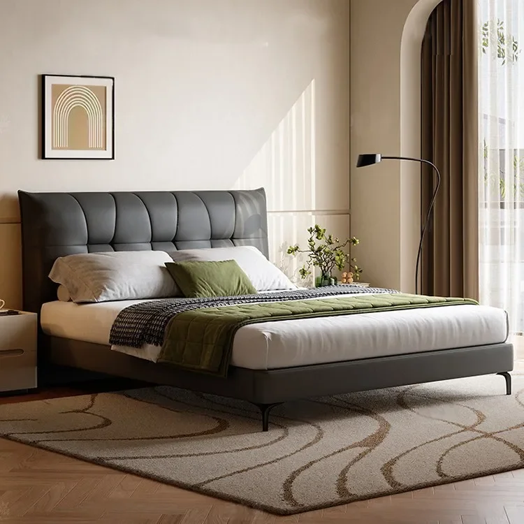 Minimalist, leather bed, ultra-thin bedside 1.5m double first-layer cowhide, master bedroom