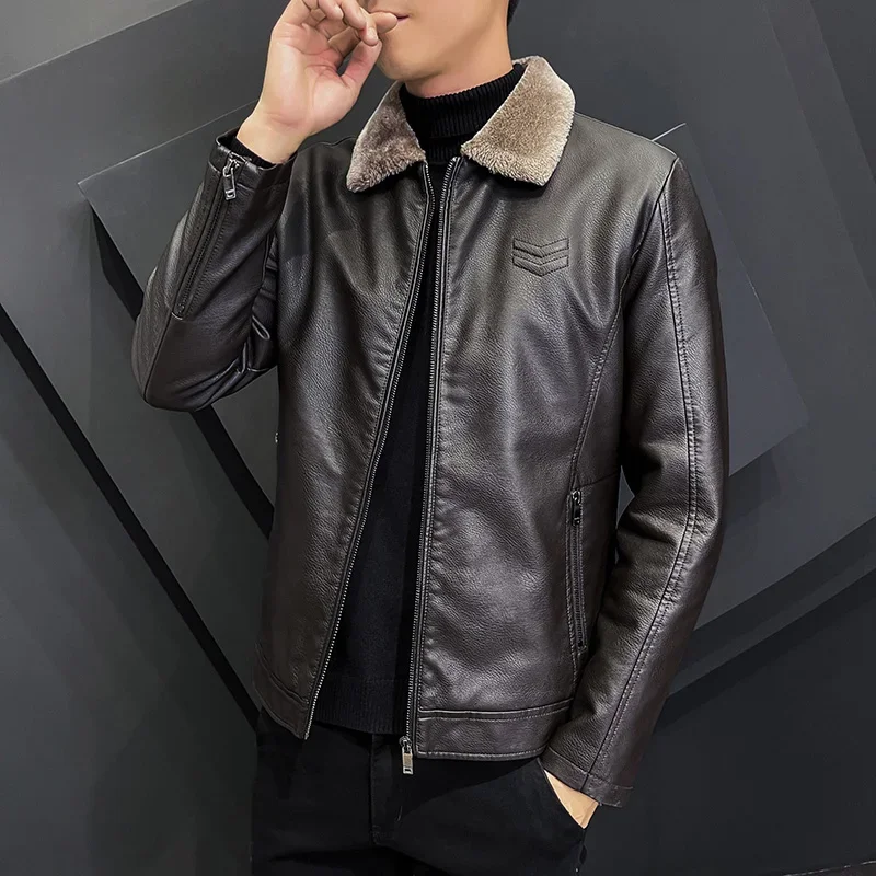 Winter Fashion Warmth Thickened Leather Jacket Lapel Solid Zipper Design Plus Size 4XL-M WorkCoat Men\'s Leather Jacket