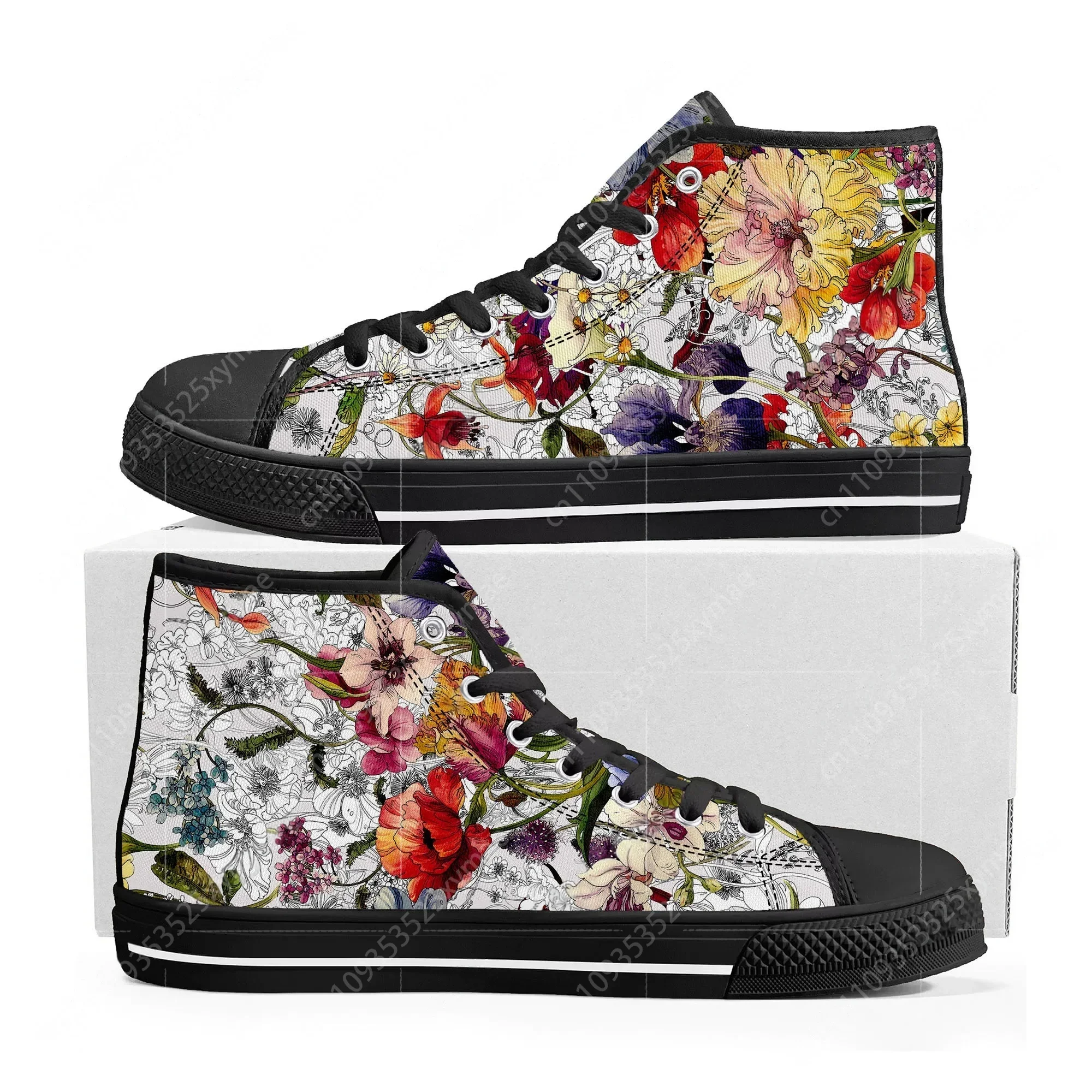 

Pretty Dark Tropical Flower Print High Top High Quality Sneakers Mens Womens Teenager Canvas Sneaker Custom Casual Couple Shoes
