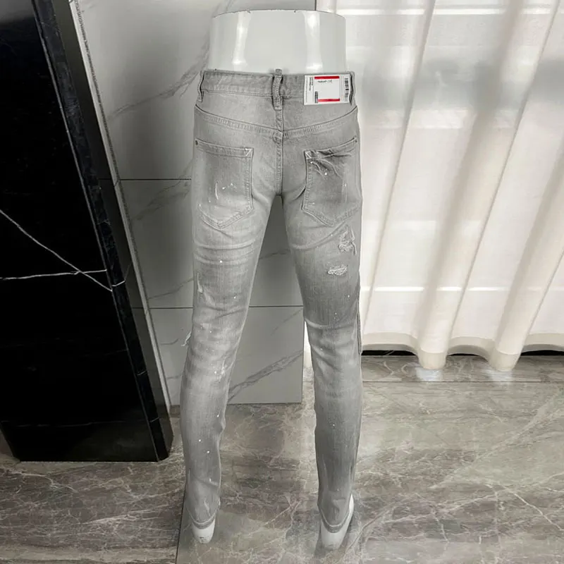 Men's Street Fashion Gray Jeans Retro Elastic Slim Fit Trendy Hip-Hop Y2K Ripple Splicing Design Casual Retro Brand
