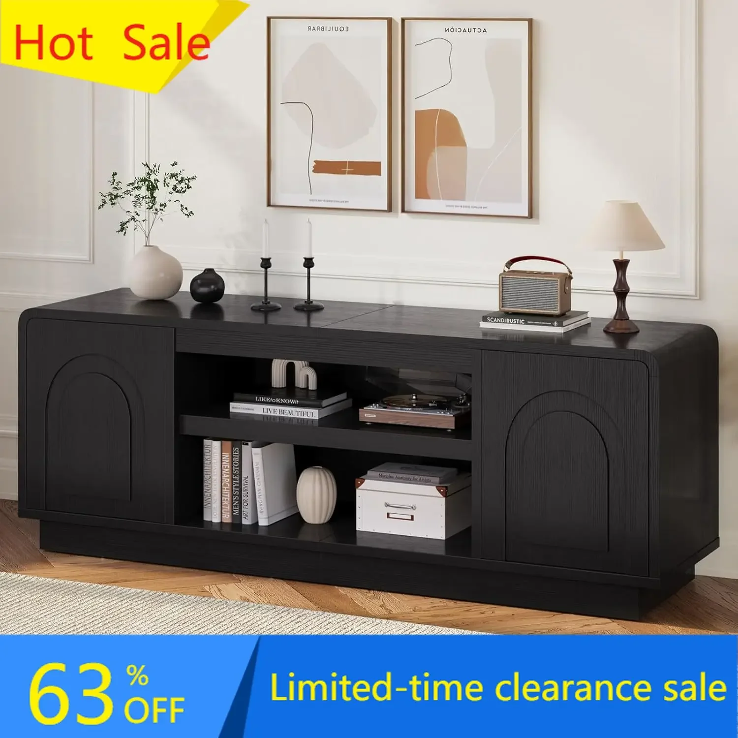 Mid Century Modern Wood TV Stand 63 Inch Entertainment Center Holds TVs Up To 70 Inch With Arched Doors Adjustable Shelves Cable