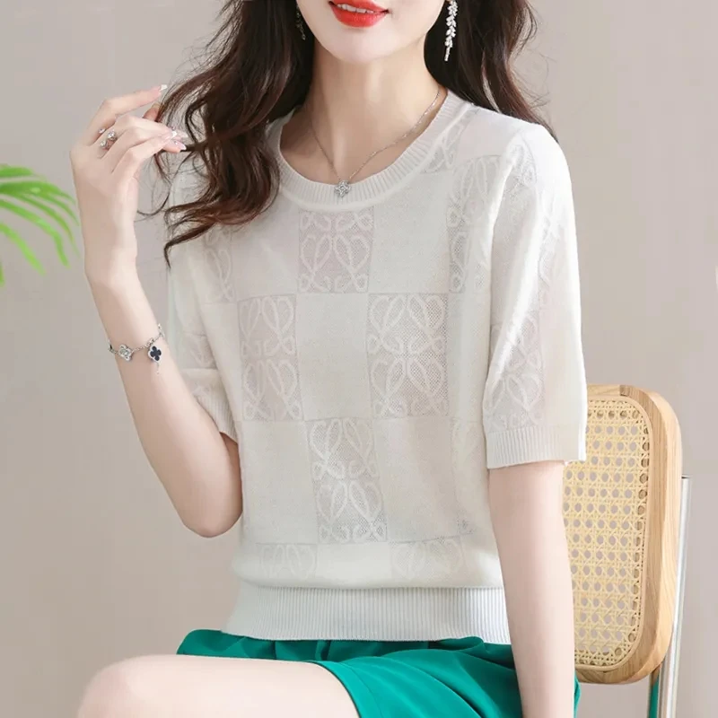 2024 Elegant Flower Print Loose Cozy Short Sleeve Women\'s T-shirt Summer Fashion Simple Thin Knit Clothes Korean Version New Top