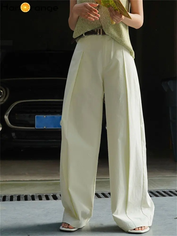 

HanOrange 2024 Summer Simple Wide Leg Casual Pants Women High Waist Silhouette Thin Trousers Female White Green/Khaki Gray