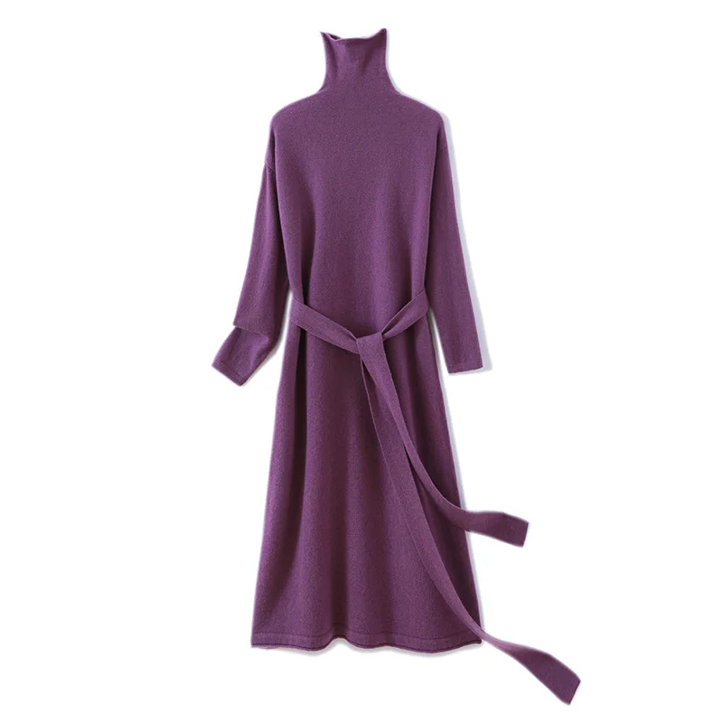 Autumn and Winter New Women\'s Dress 100% Merino Wool Knitted Long Skirt Slimming Fashion High Collar Hoodie Long Sweater Tops