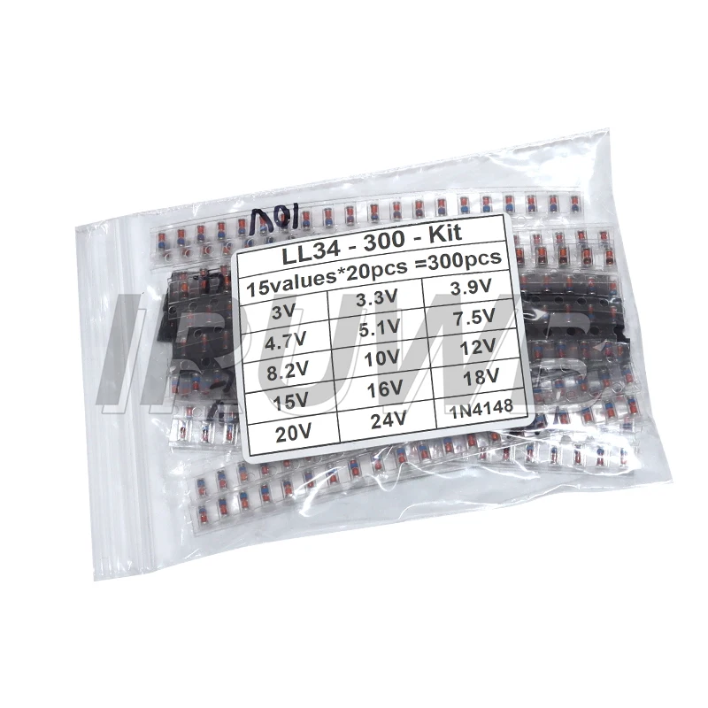 300PCS SMD Diode Set 1N4148 0.5W 1/2W 3V-24V 2V-39V SMD LL34 Zener Diode Kit