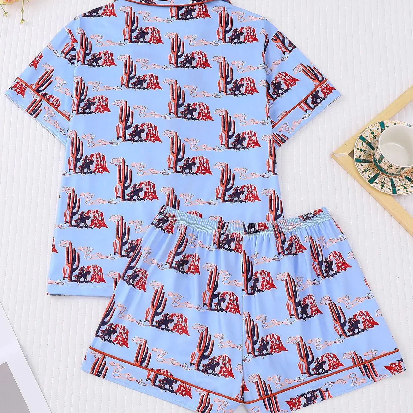 Western style denim cactus printed pajamas short sleeved shorts two-piece set for women, casual home wear, can be worn outside