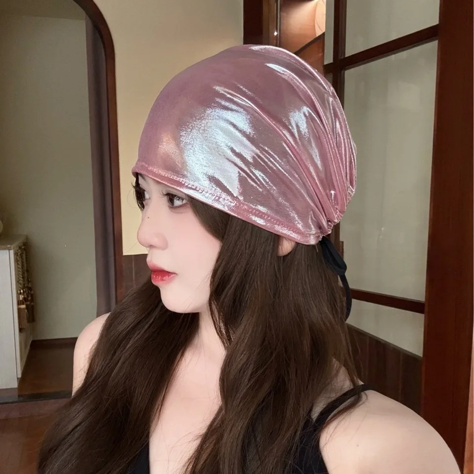 Shiny Satin Sleep Cap Pink Metallic Silky Beanie for Women Smooth Hair Protection Bonnet for Night Sleeping Y2K Slouchy Hat