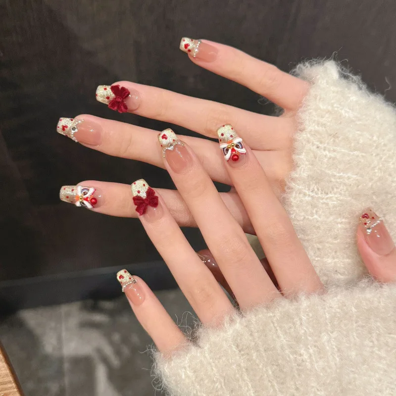 

10Pcs Cat Eye Handmade Press on Nails Red Bow Fake Nails Wearable Stick-on Nails False Nail Uñas Postizas Накладные Ногти 네일팁
