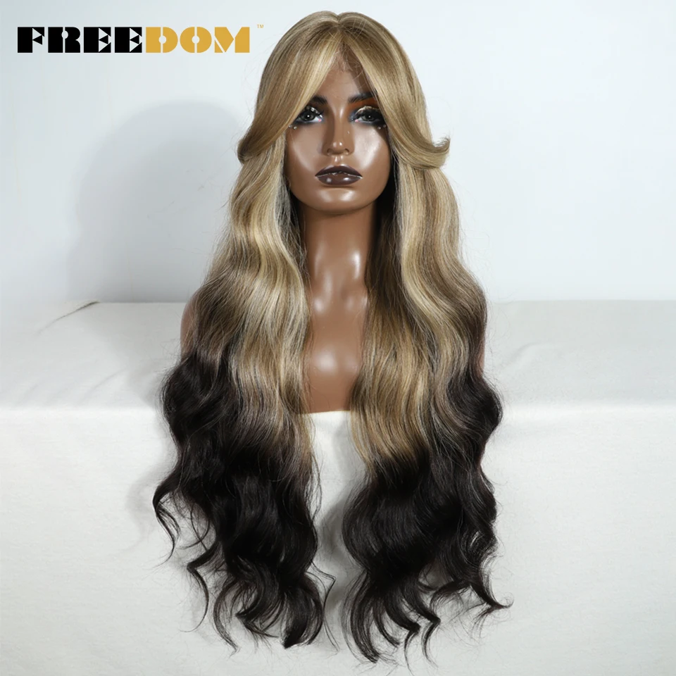 

FREEDOM Synthetic Lace Front Wig Long Wavy Wig With Bangs Ombre Blonde Colorful Wigs For Black Women Heat Resistant Cosplay Wigs