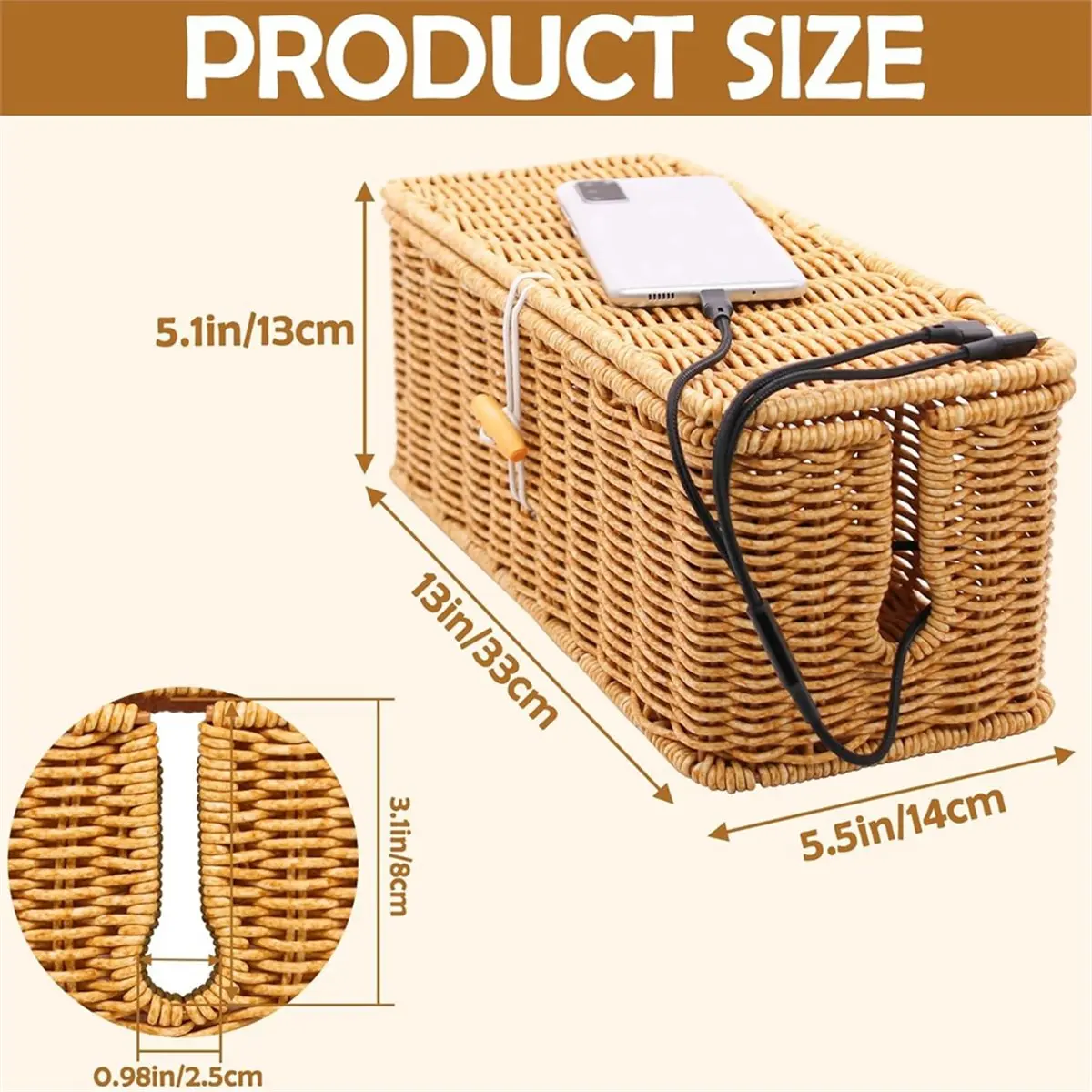 Cable Management Box, Handwoven Cord Box Cable Organizer Boxes with Lid for Desk, Floor, Office, Living Room