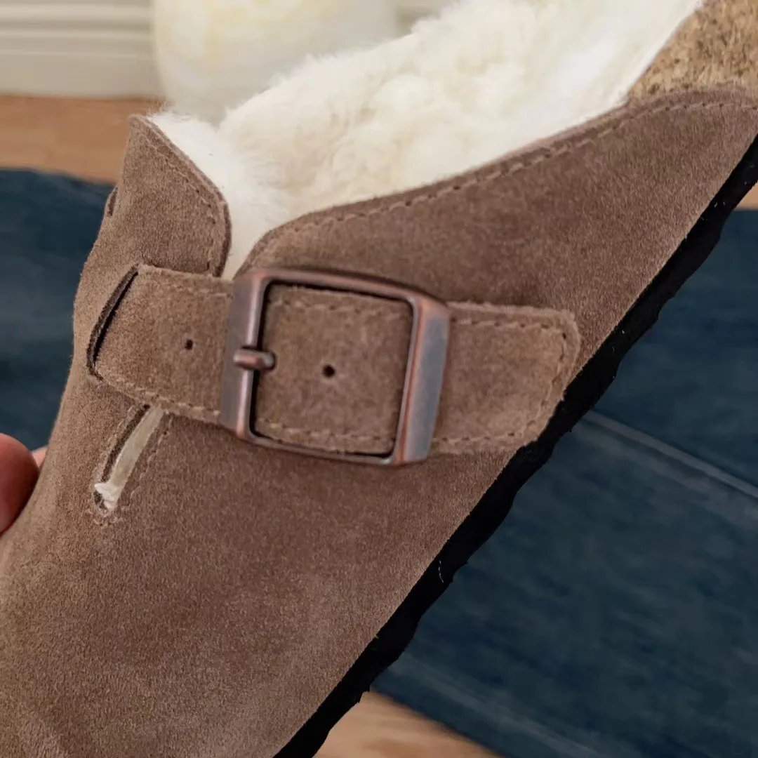 Jenny&Dave Minimalist Solid Color Mules Fashion Shoes Women Ladies Flat Shoes Cowhide Suede Wool Slippers Retro