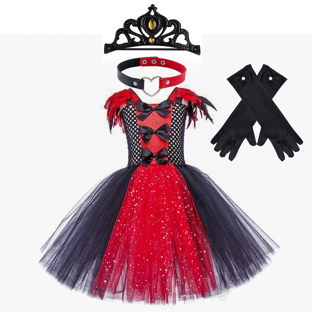 Girls Dark Queen Style Sparkly Layer Tutu Dress With Accessories Set For Halloween Masquerade Party Role Play Stage Performance