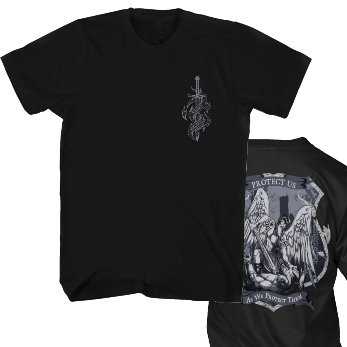 Saint Michael Protect Us As We Protect Them. Archangel St Michael T-Shirt. Summer Cotton Short Sleeve O-Neck Mens T Shirt New