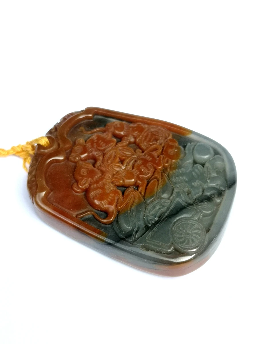 Chinese 100% Natural Jade Hand-carved Mouse pull cart Coin Pendant Free necklace