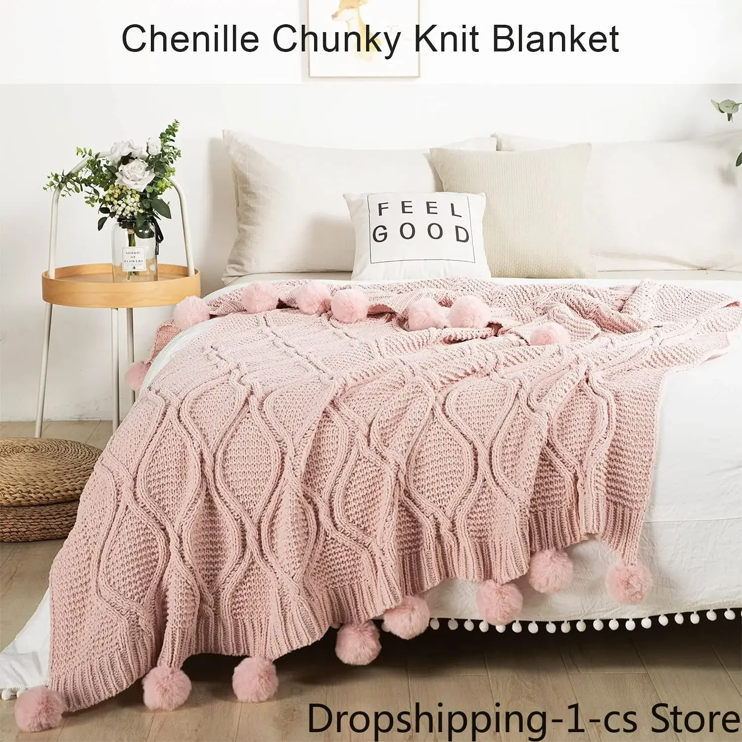 Luxury Chunky Knit Blanket with pom poms- Thick, Soft, Big, Cozy Throw Blankets for Couch, Bed, Sofa, Chair-130×170CM