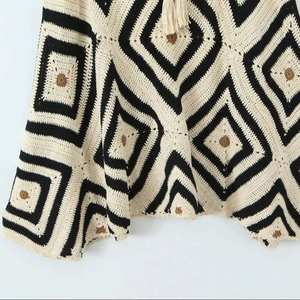 2025 Beige met zwarte geruite handgemaakte gehaakte lange rok strik vetersluiting bandage taille swing onregelmatige skater