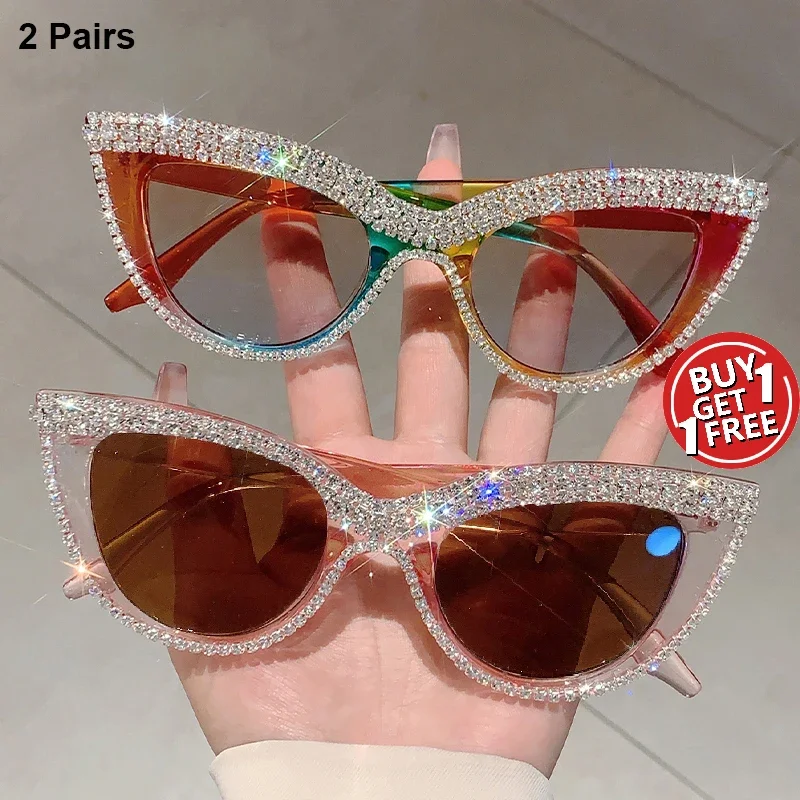 2 Paar Vintage-Katzenaugen-Sonnenbrillen mit Strasssteinen für Damen, modische Dekoration, trendiges Markendesign, süße Outdoor-Sonnenbrillen