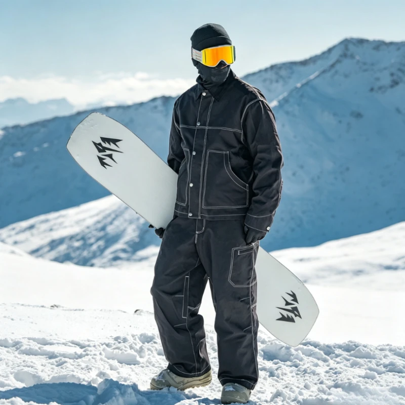 GSOU SNOW American Baggy Skiing Suit Winter Windproof Warm Oversize Clothes Super Loose Color-blocked Snowboard Jacket Pants Set
