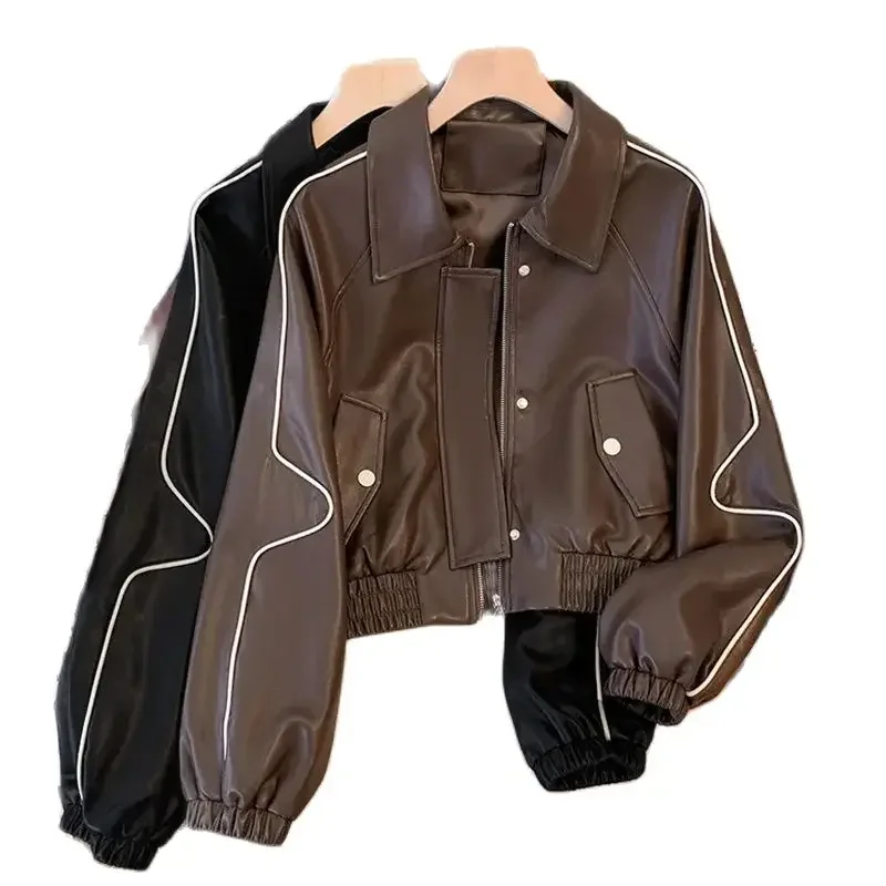 Short Leather Jacket Women\'s New Loose Baseball Coats Motorcycle Jackets Outwear Fashion Black Brown Leather Coat Female