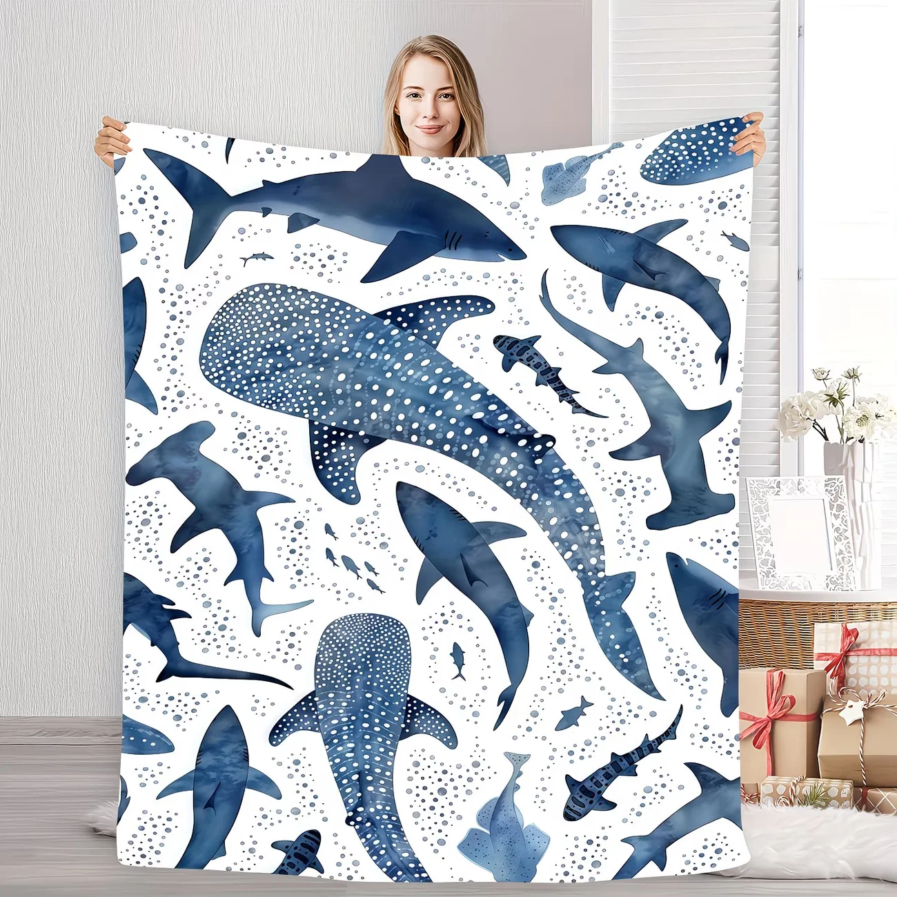 Manta de Franela con Diseño de Tiburón Ballena Azul Oceánico, Suave y Cómoda para Uso Doméstico
