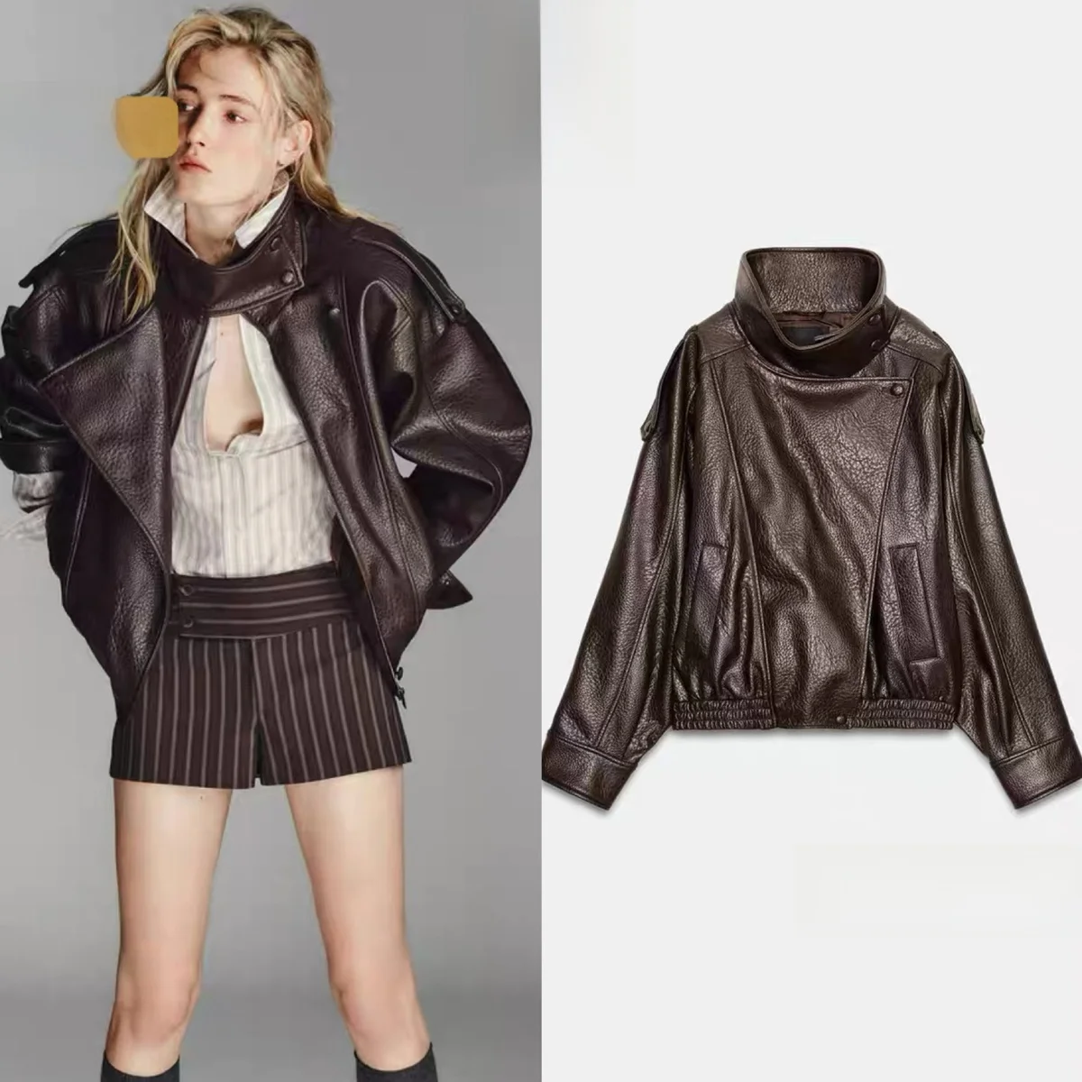 Spring New Women's Zipper Fake Leather Long Sleeve Stand Collar Jacket Coat PU Leather Loose Fit Fashionable Outerwear