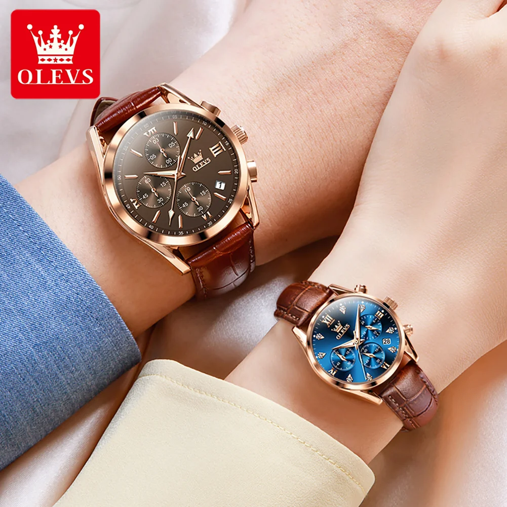 OLEVS-Relógio Quartz Cronógrafo de Luxo para Homens e Mulheres, Pulseira De Couro, Impermeável, Luminoso, Calendário, Marca De Moda