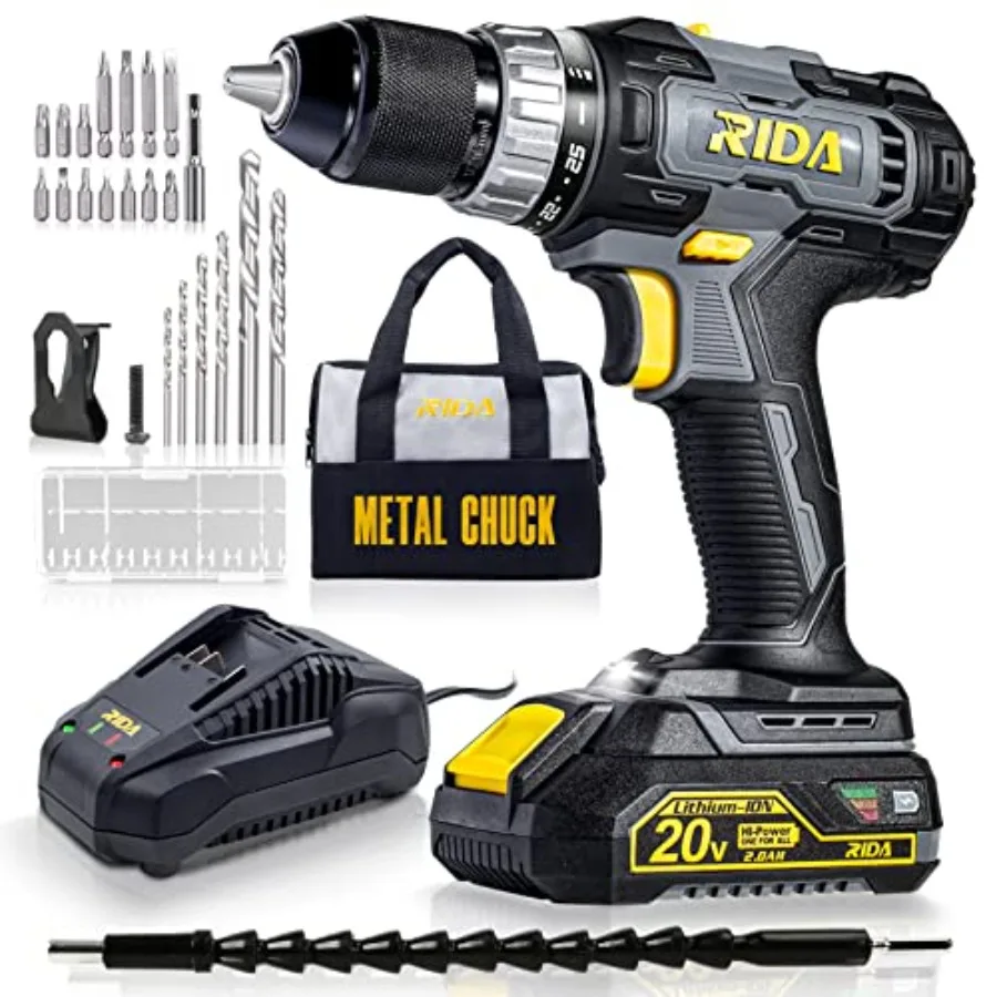 

Cordless Drill for DIY and professional use metal body black 20V 1/2'' keyless chuck 355 In-lb torque includes 2.0AH battery fa