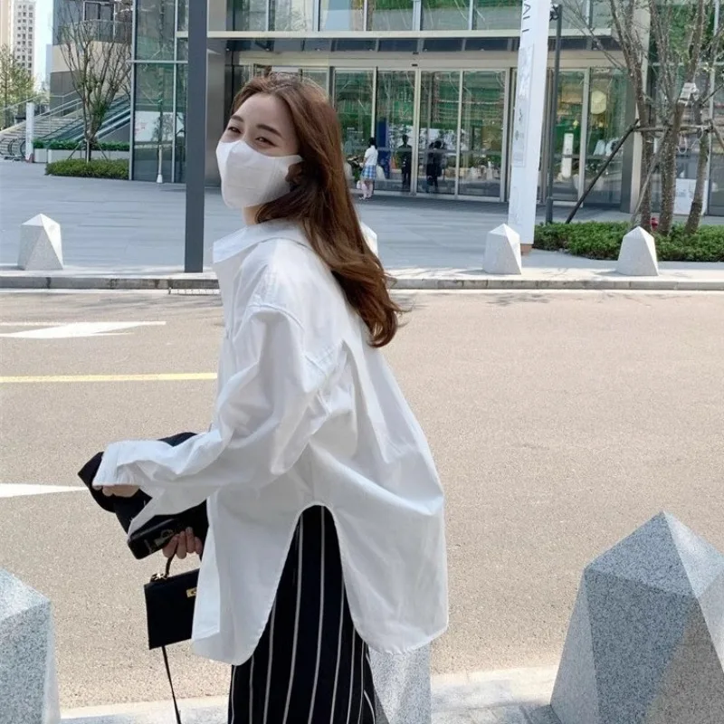 Oversize Back Slit White Shirt Stylish Loose Blouse For Women