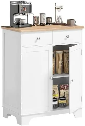 Sideboard Buffet Cabinet with Solid Wood Countertop, Modern Kitchen Storage Cabinet, Coffee Bar Cabinet with 2 Drawers