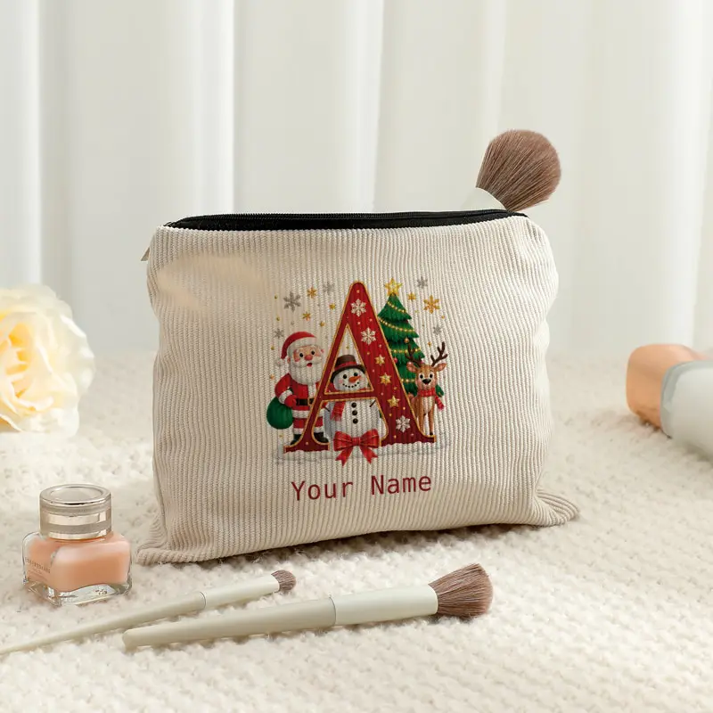 Corduroy Cosmetic Bag Custom Name Christmas Santa Snowman Deer 26 Letter Print Zipper Pouch Portable Travel Makeup Storage Bag