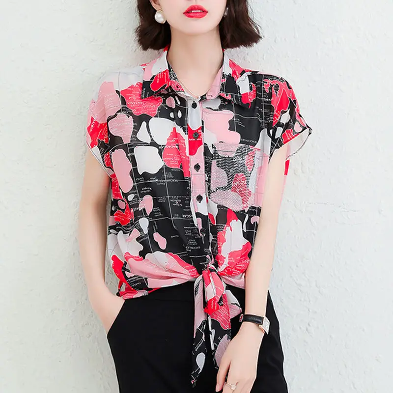 Female Clothing Fashion Pockets Diamonds Blouse Streetwear Summer Turn-down Collar Commute Casual Single-breasted Bandage Shirt