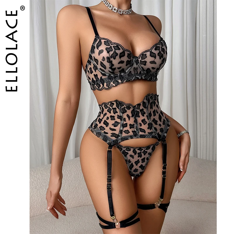 

Ellolace Leopard Lingeries Sexy Hot See Through Embroidered Bra Belt Thong 3PC with Leg Circles Exclusive Garter Party Costume