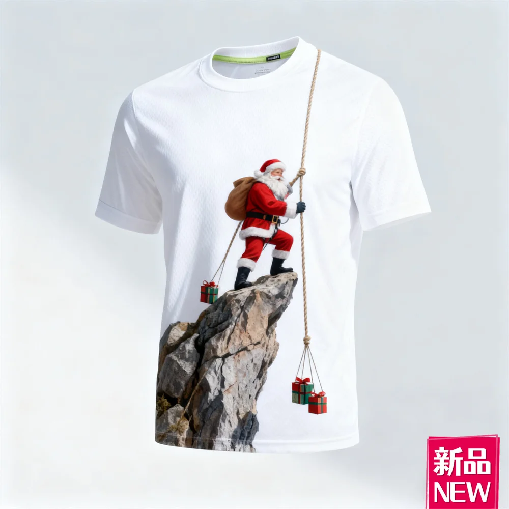 

3D Print Climbing Santa Clause Graphic T-Shirt Men's Creative Design Christmas Theme O-Neck Tees Fashion Outdoor Sports Clothing
