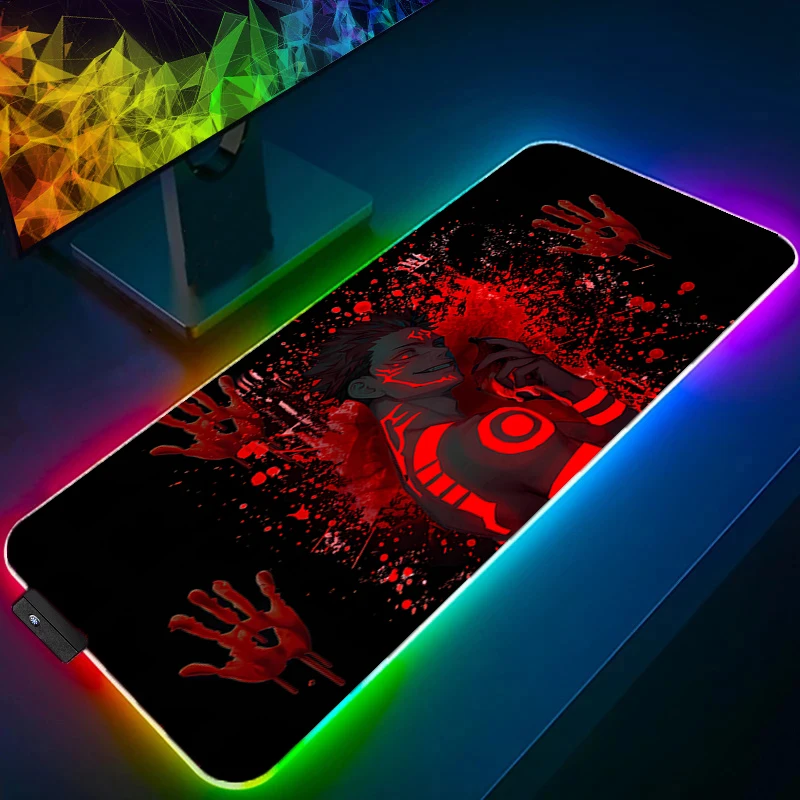 

LED Mouse Pad jujutsu Kaisen Sukuna Gamers Decoracion Gamer Desk Mat RGB Mousepad XXL Gaming Accessories Backlight Keyboard Mat
