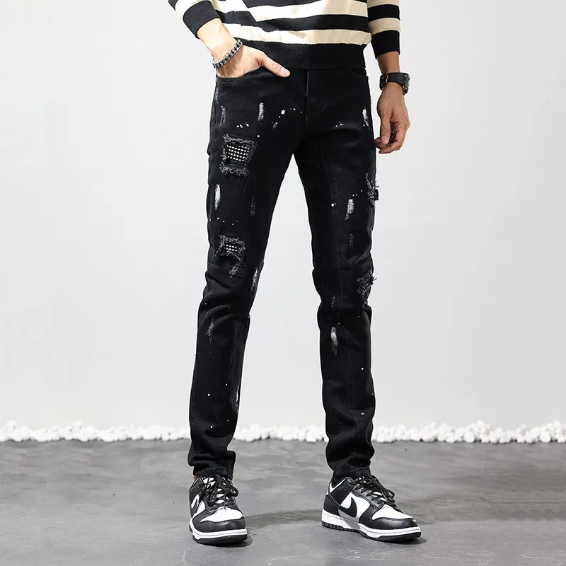 High Street Fashion Men Jeans Black Elastic Stretch Slim Fit Painted Ripped Jeans Beading Patched Designer Hip Hop Pants Hombre