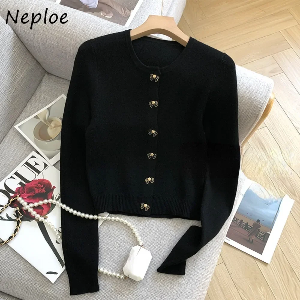 Neploe Simple Korea Office Lady Exquisite Bow Button Cardigan Small Fragrance Western Short Top Knit All-match Minority Mujer