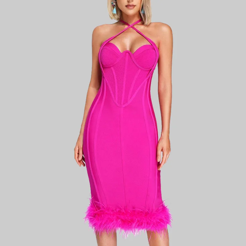 Cross-Border Ostrich Feather Dress Evening Dress Rose Red Halter Backless Tight Dress European and American Popular Bandage Dres