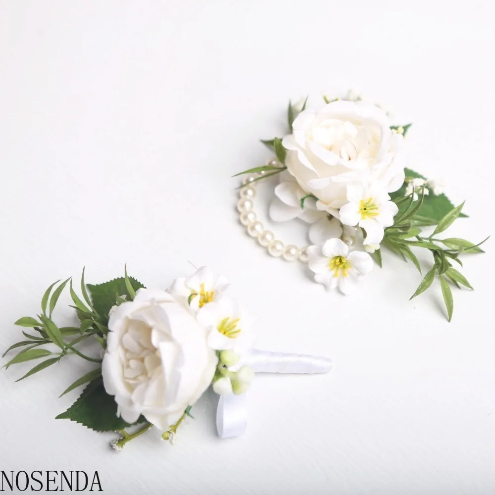 White Silk Roses Boutonniere Wedding Accessories Wrist Corsage Bracelets Bridesmaids Artificial Flowers Buttonhole for Groom