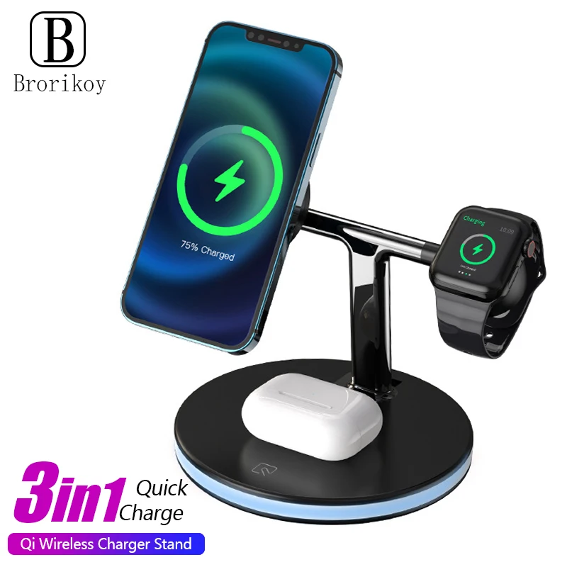 

3 in 1 Qi Wireless Charger Pad for iPhone 12 11 XS Pro Max For Apple Watch 6 5 Airpods Pro Fast Mobile Phone Charge Dock Station