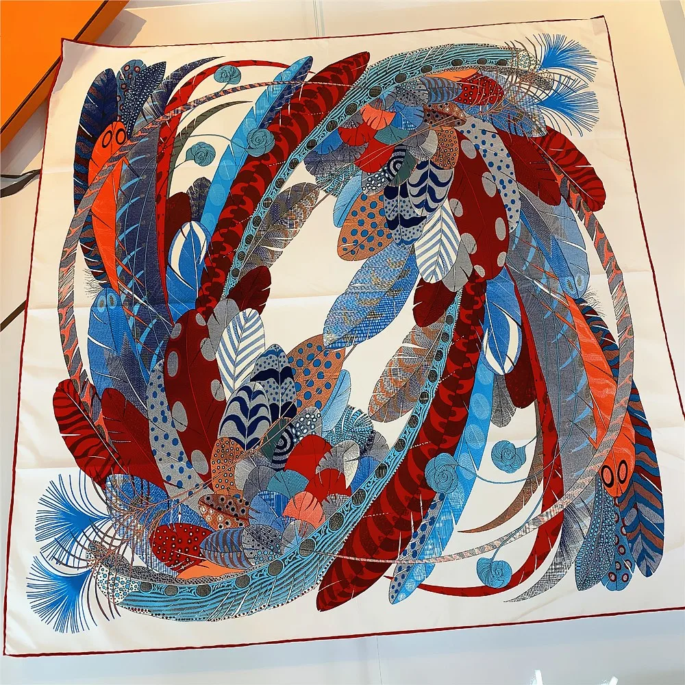 90CM Luxury Brand Feather Print Manual Hand Rolled Twill Silk Scarf Women Curled Square Scarves Foulard Femme Wrap Bandana Hijab