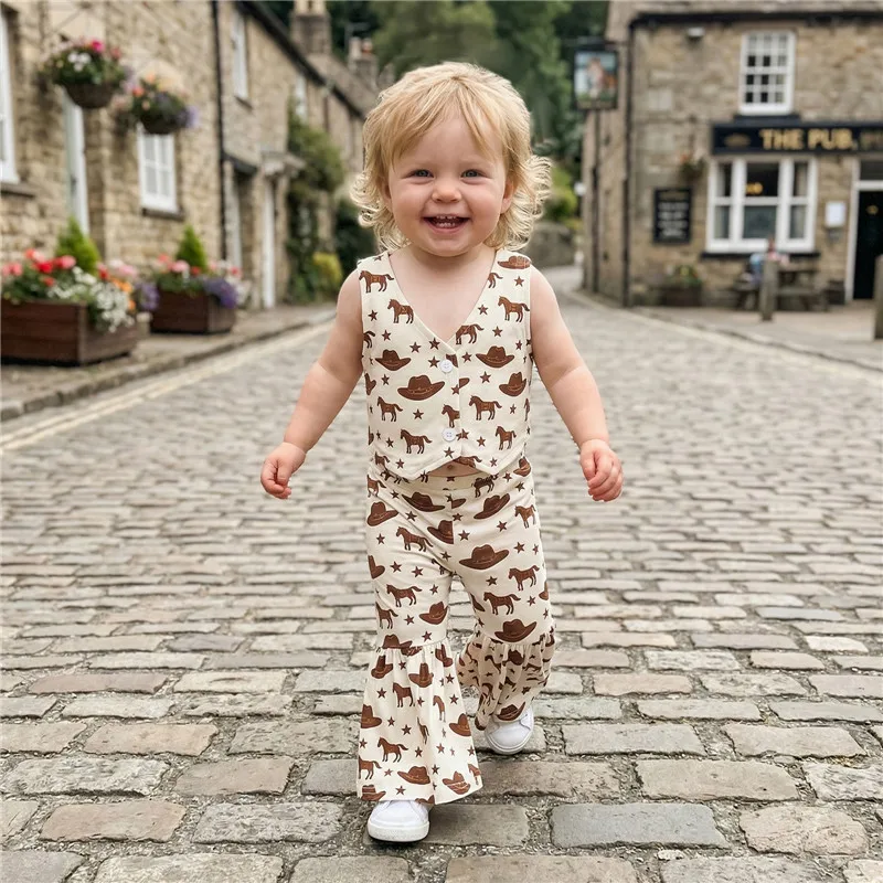 

1-4years Toddler Baby Girl fashion casual Summer Outfits Western Style Horse Star Hat Print V Neck Tops Bell Bottoms 2 Pcs Set