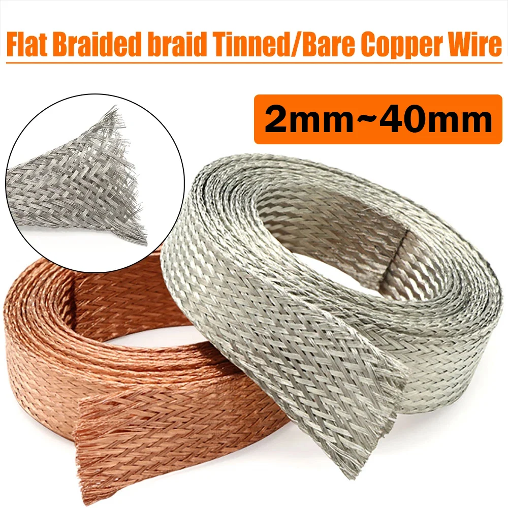 1~10Meter Flat Bare Copper/Tinned Copper 2/4/6/8/10/12/14/16/18/20/22/25/28/40mm Flat Metal Shielding Braided Wire Ground Lead