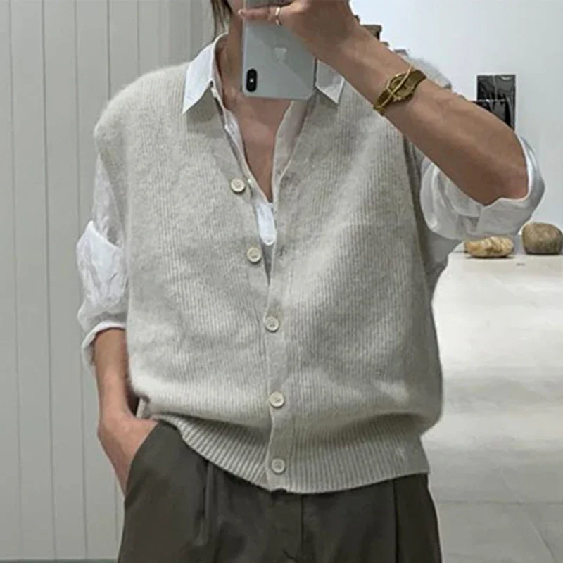 Casual Loose Cardigan Sweater Vest Spring Warm Knitted Vest Sweater for Women Fashion Solid Sleeveless Sweaters Pull Femme